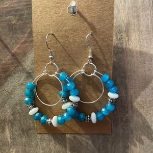 * HANDMADE* Just Bead Different* Blue and white silver double hoop earrings